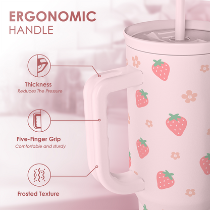 Pink strawberry-pattern tumbler featuring ergonomic handle and frosted grip texture