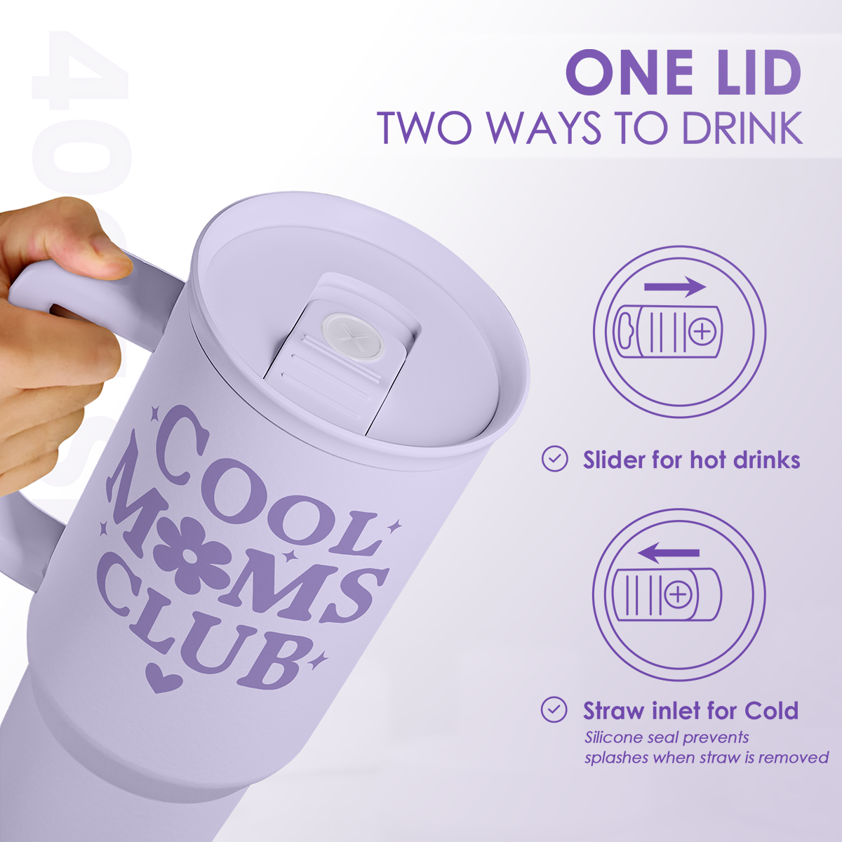 Lavender 40oz tumbler with slide lid and straw inlet for drinking