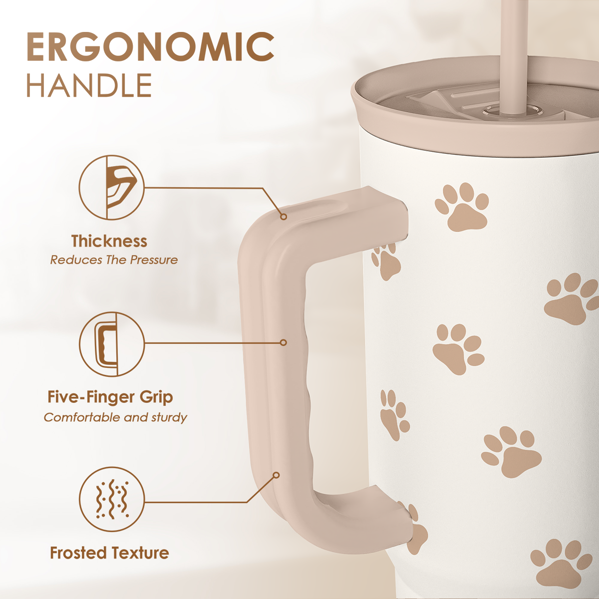 Brown Dog Slidemate tumbler handle detail with ergonomic grip and tan paw prints