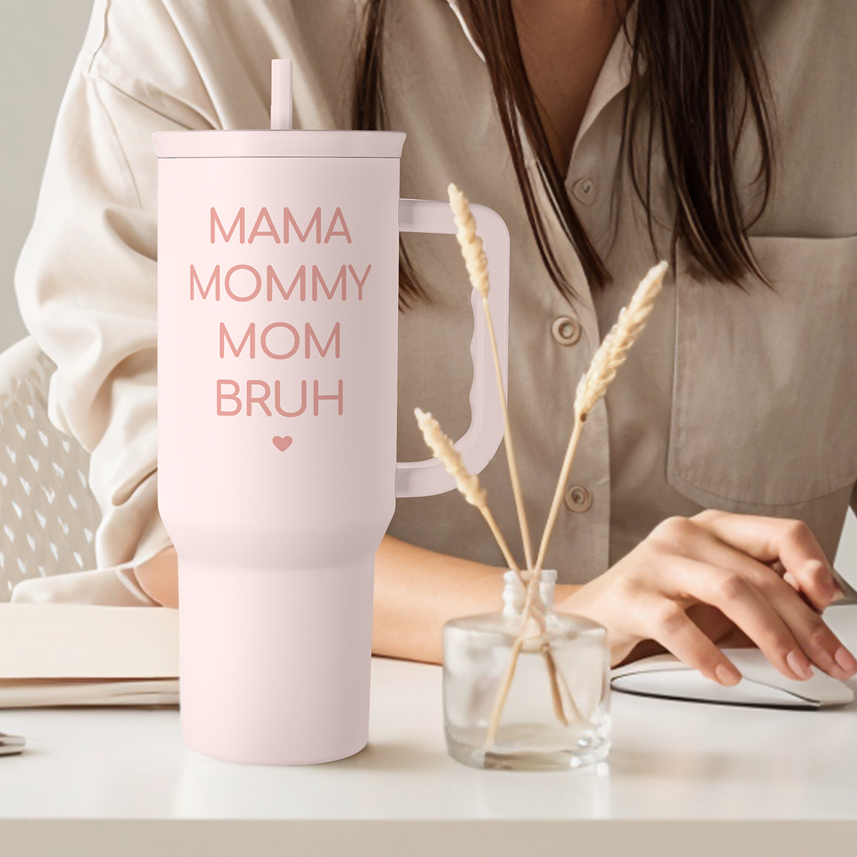 Pink 40oz slider tumbler with handle and straw, “MAMA MOMMY MOM BRUH” front