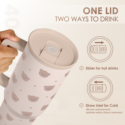 40oz slider tumbler with handle in beige, brown bear print, slide opening and straw inlet