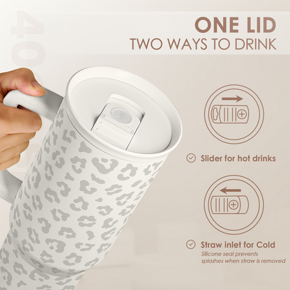 40oz white tumbler with gray leopard print; lid open showing drink slide cover