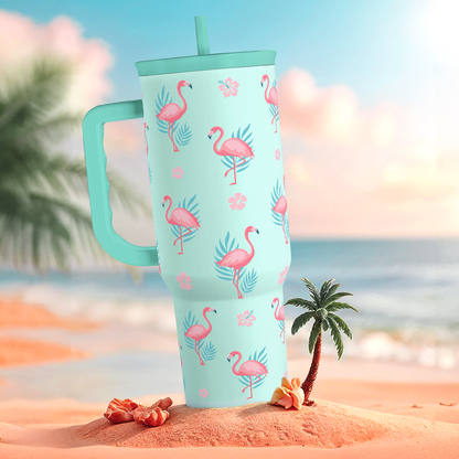 Mint Slidemate slider tumbler with handle and straw lid, pink flamingo print