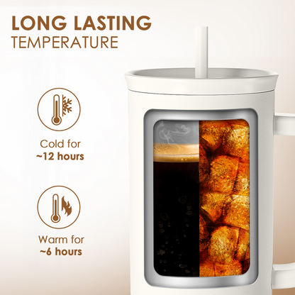 40oz white tumbler with handle and see-through insulated chamber for cold and warm drinks