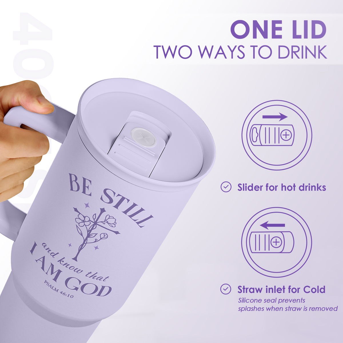 Lavender slider tumbler lid showing two-way drinking: straw inlet and slide cover