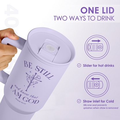 Lavender slider tumbler lid showing two-way drinking: straw inlet and slide cover
