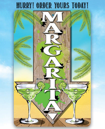 Directional metal sign with margarita glasses and stacked MARGARITA letters, palm design