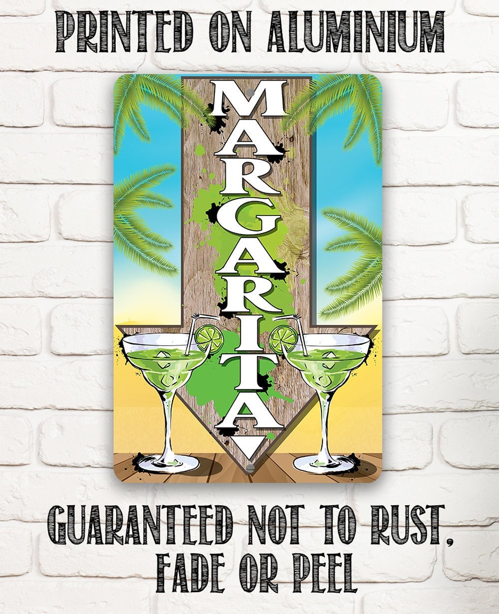 Directional metal sign with margarita glasses and stacked MARGARITA letters, palm backdrop