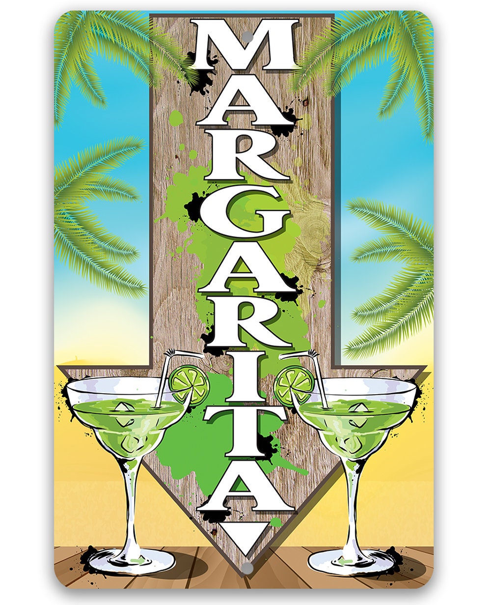 Directional metal sign with margarita glasses and stacked MARGARITA letters, palm design