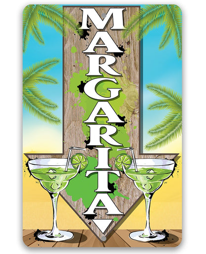Directional metal sign with margarita glasses and stacked MARGARITA letters, palm design
