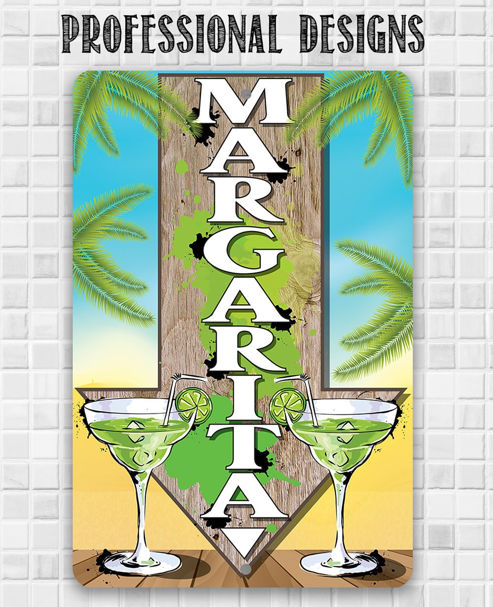 Directional metal sign with margarita glasses and stacked MARGARITA letters, palm design