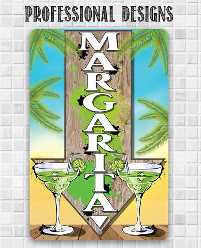 Directional metal sign with margarita glasses and stacked MARGARITA letters, palm design