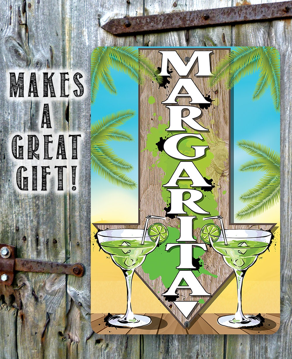Directional metal sign on rustic wood with margarita glasses and stacked MARGARITA letters