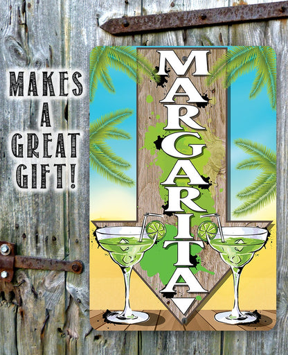 Directional metal sign on rustic wood with margarita glasses and stacked MARGARITA letters