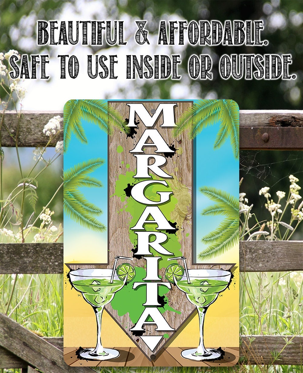 Directional metal sign with margarita glasses and stacked MARGARITA letters, palm design