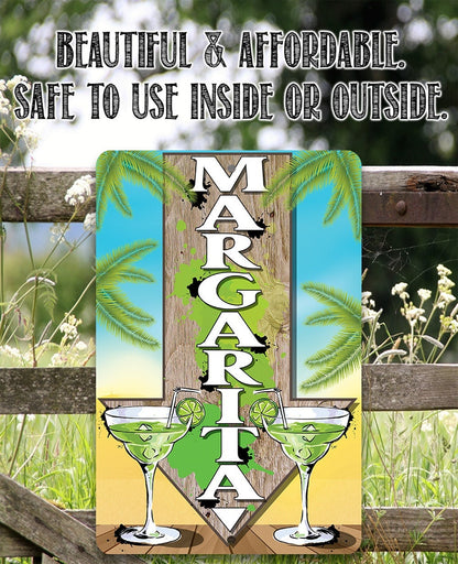 Directional metal sign with margarita glasses and stacked MARGARITA letters, palm design