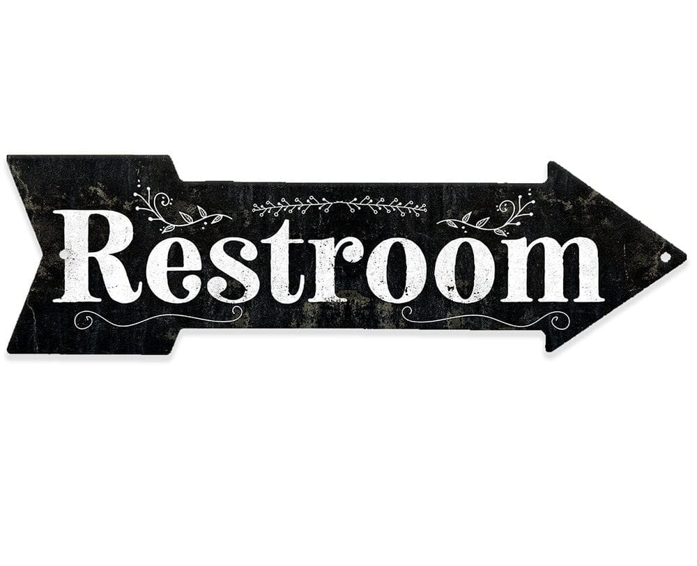 Restroom directional arrow metal sign, black with white “Restroom” text