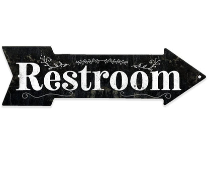 Restroom directional arrow metal sign, black with white “Restroom” text