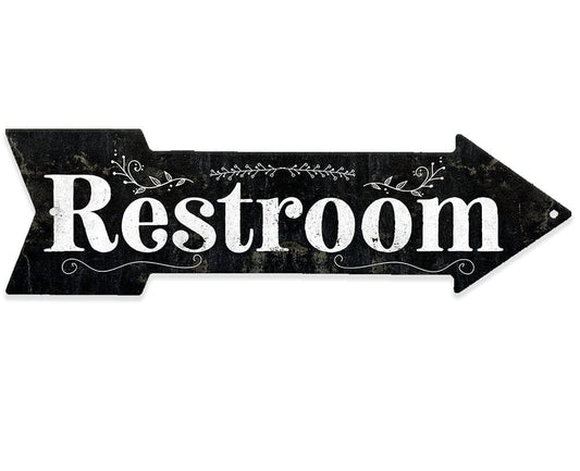 Restroom directional arrow metal sign, black with white “Restroom” text