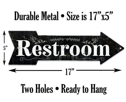 Restroom directional arrow metal sign with size arrows: 17 in x 5 in