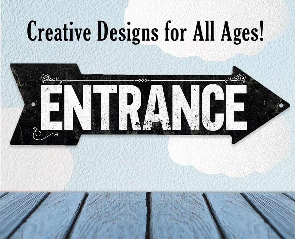 Black metal 'ENTRANCE' directional arrow sign with ornamental corner flourishes