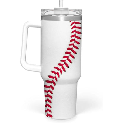 White 40oz baseball-themed insulated tumbler with handle, clear lid and straw
