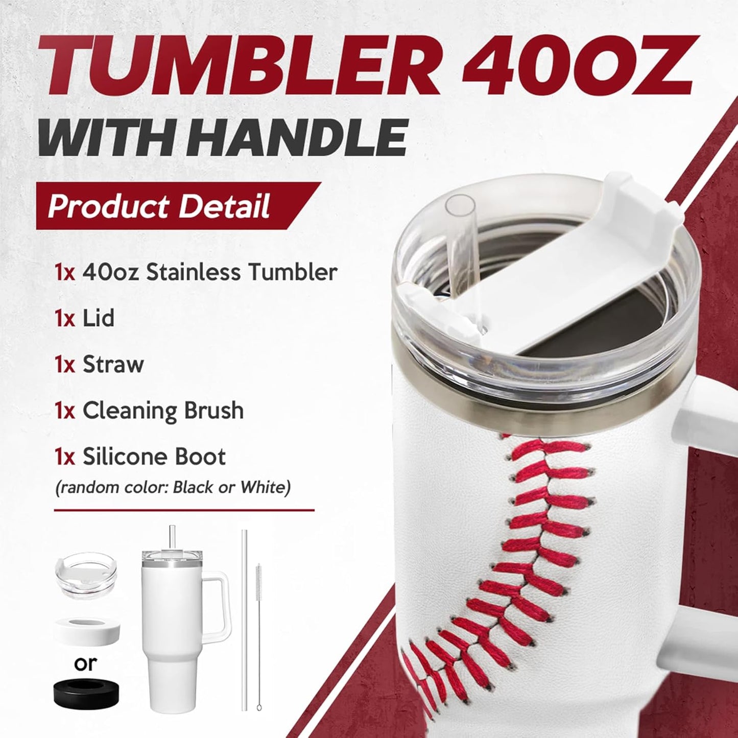 White 40oz baseball tumbler with handle, open clear lid, red stitched baseball wrap