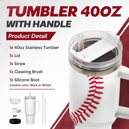 White 40oz baseball tumbler with handle, open clear lid, red stitched baseball wrap