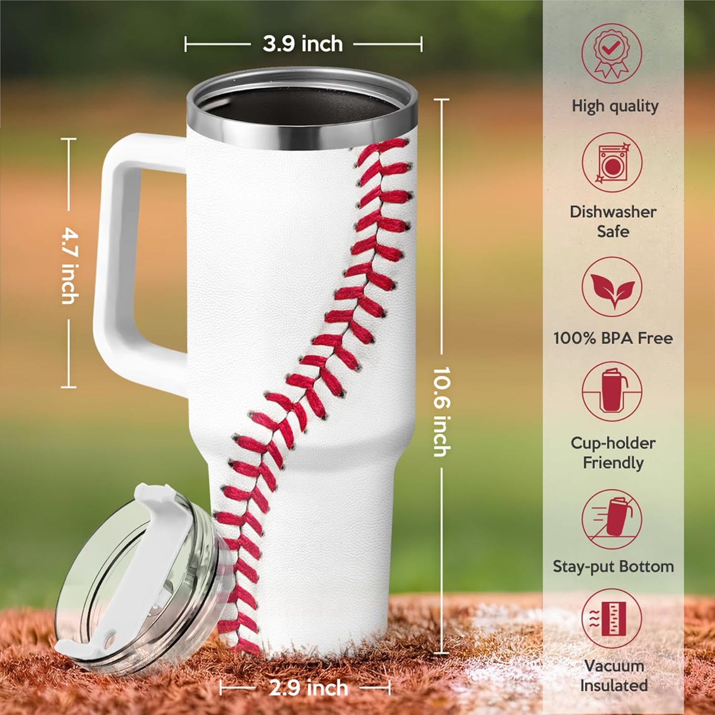 White insulated tumbler with handle, clear lid, and red baseball-stitched wrap