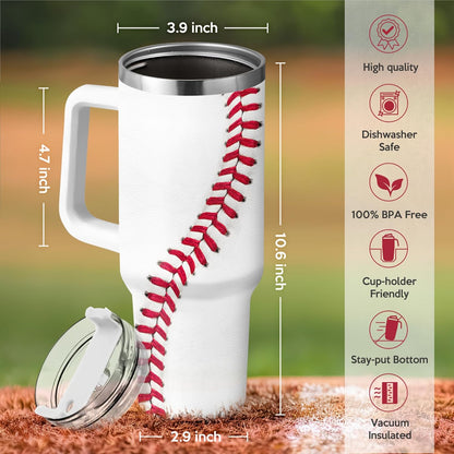 White insulated tumbler with handle, clear lid, and red baseball-stitched wrap