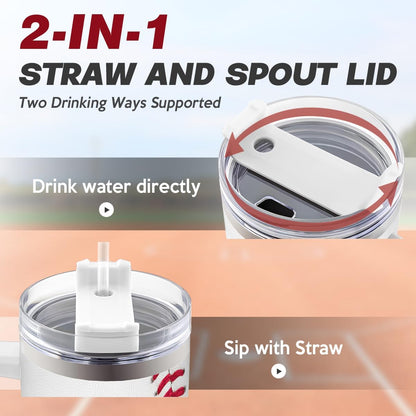 White tumbler with clear lid featuring straw and spout openings, red stitched wrap