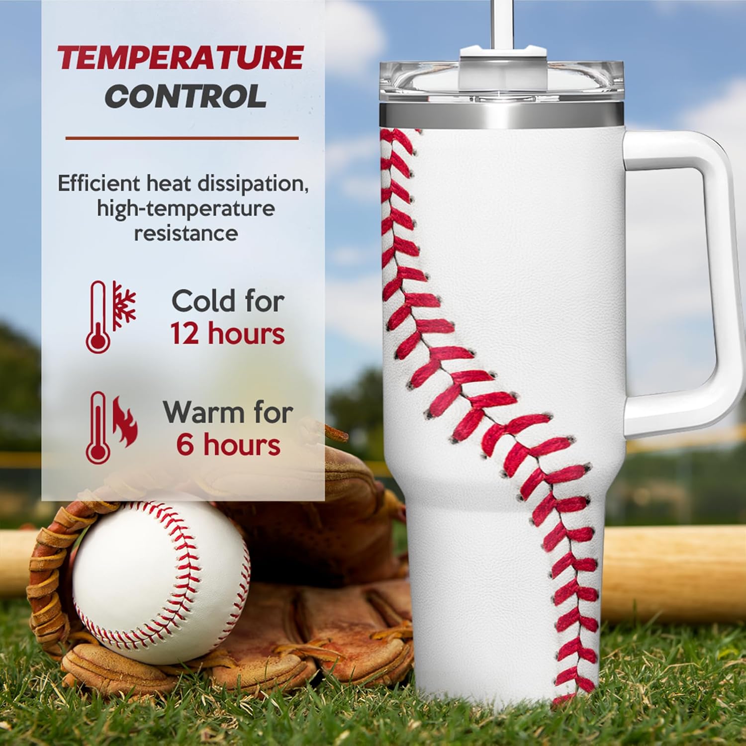 White 40oz tumbler with handle and red baseball-stitched wrap, insulated cup