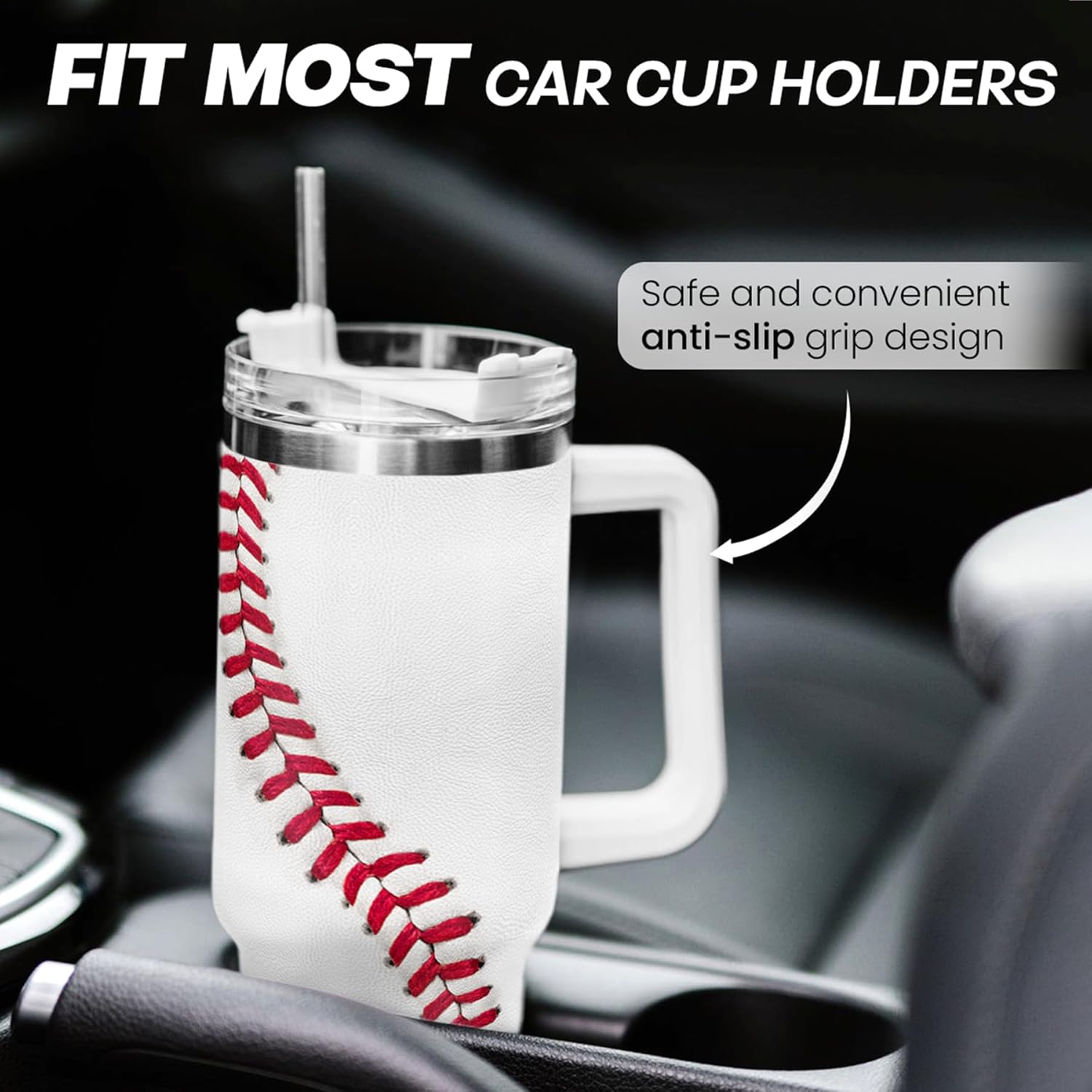 White baseball tumbler with handle and red stitched wrap, in a car cup holder