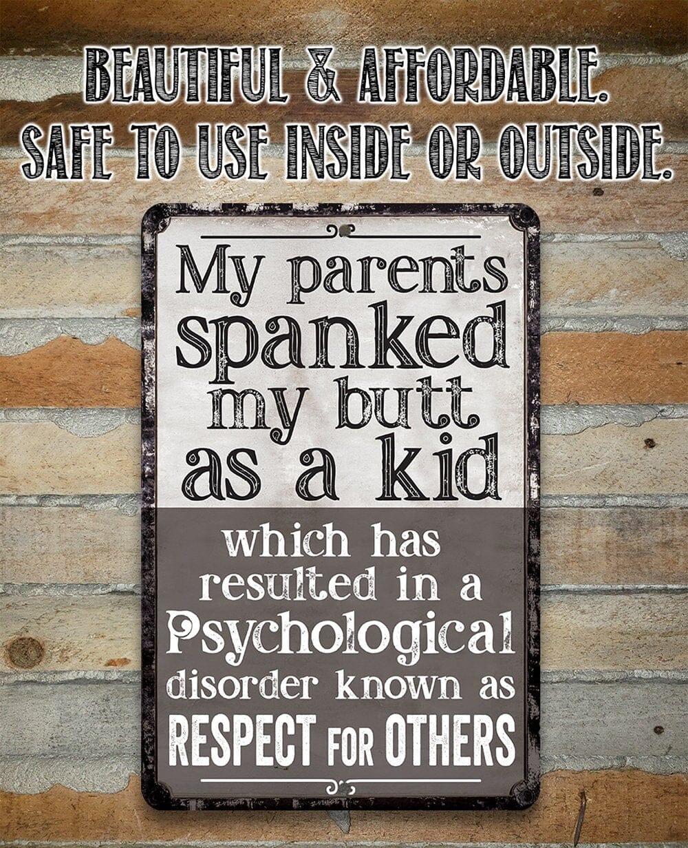 Black metal sign with “Safe to use inside or outside” and “Respect for others” text