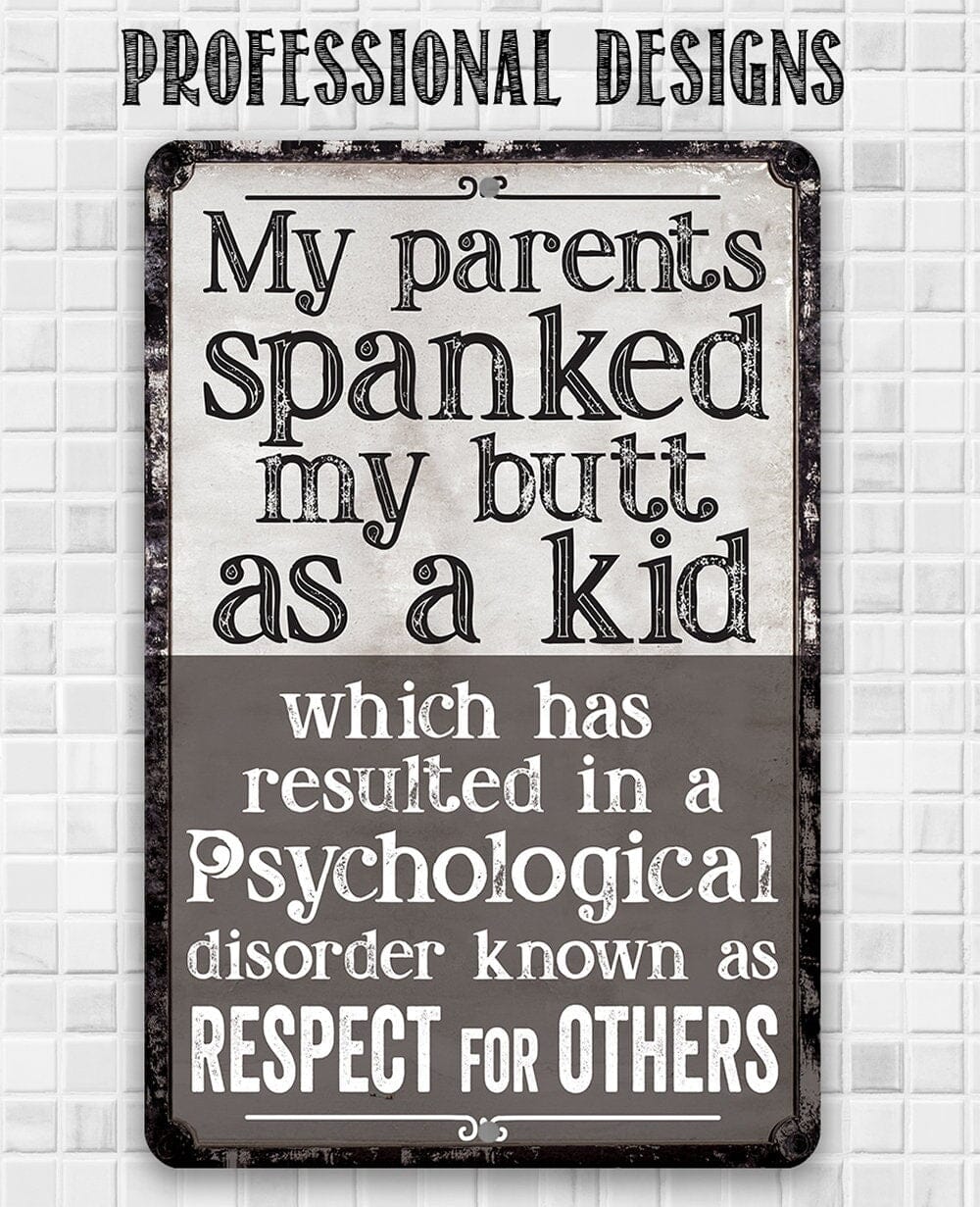 Black metal sign with distressed border and “Respect for others” quote