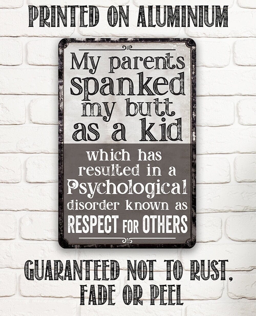 Black metal sign with distressed frame and “Respect for others” quote