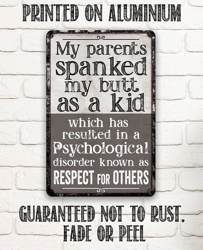 Black metal sign with distressed frame and “Respect for others” quote