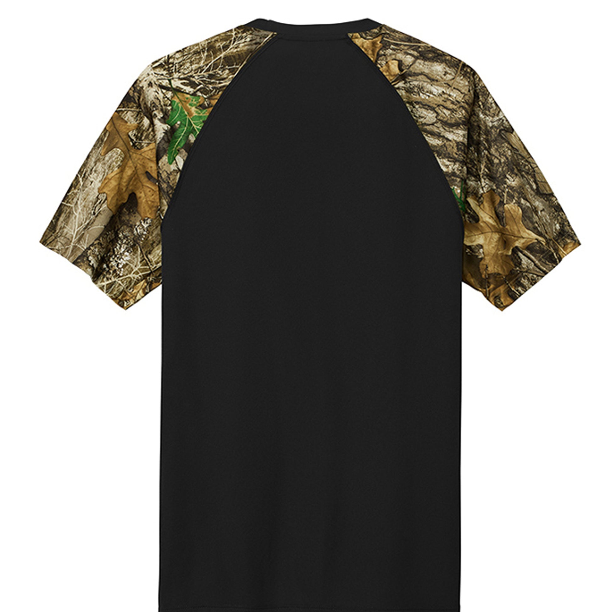 Black raglan T-shirt with camo sleeves, plain back