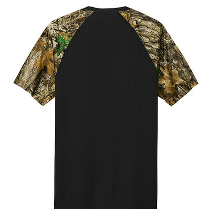 Black raglan T-shirt with camo sleeves, plain back