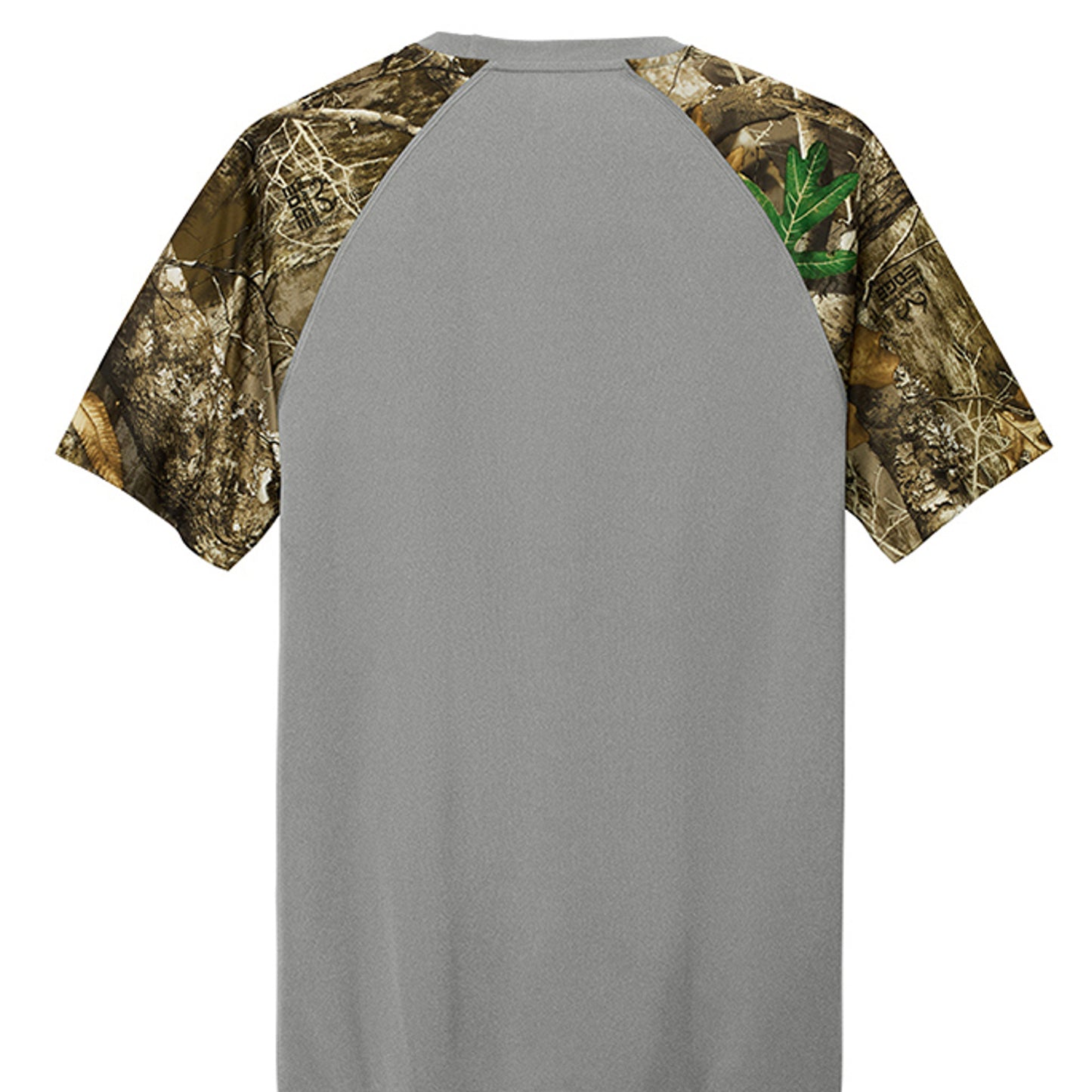 Grey raglan T-shirt with camo sleeves, plain back