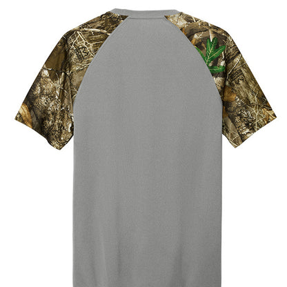 Grey raglan T-shirt with camo sleeves, plain back
