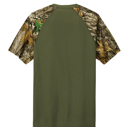 Olive raglan T-shirt with camo sleeves, plain back
