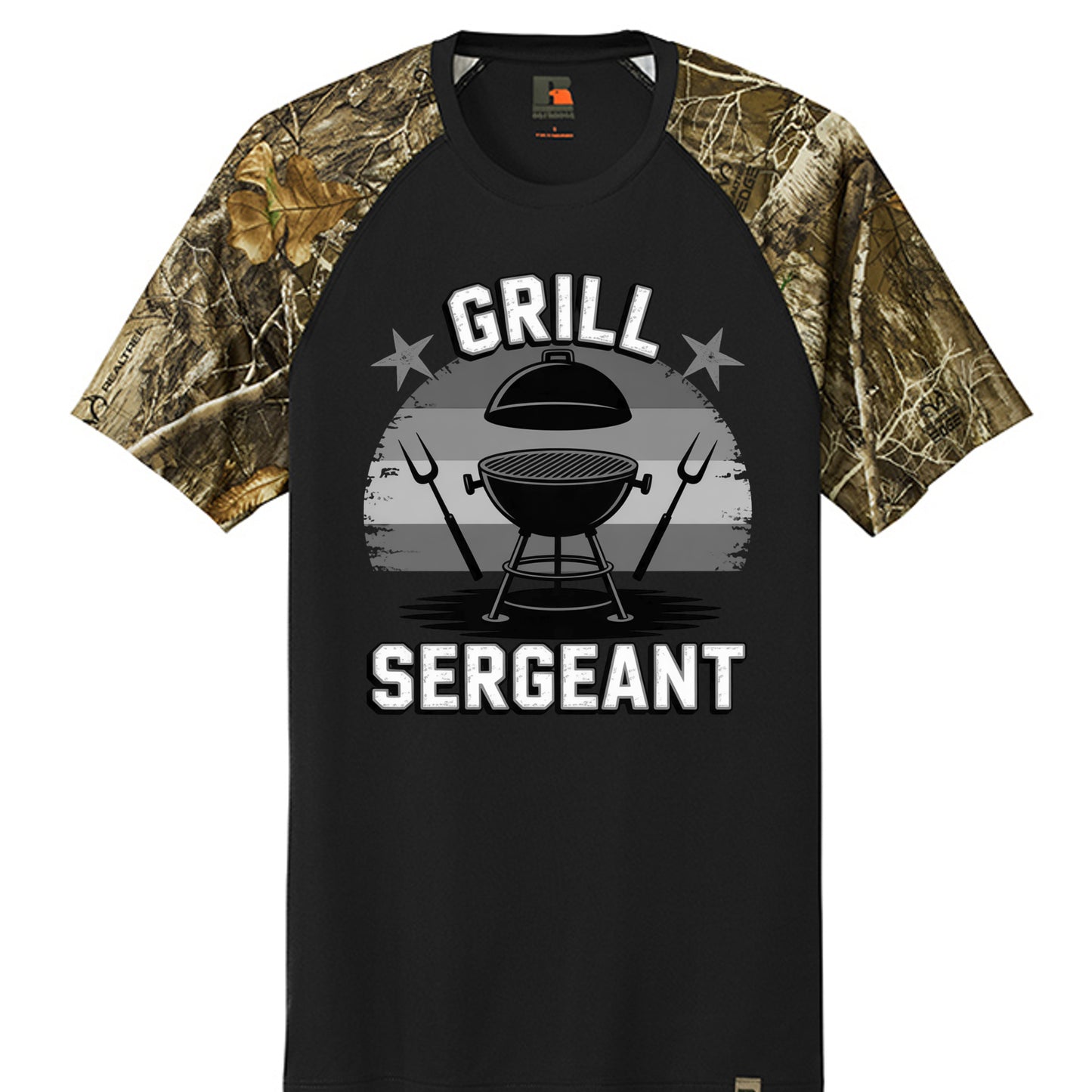 Black raglan T-shirt with camo sleeves and BBQ sergeant graphic on front