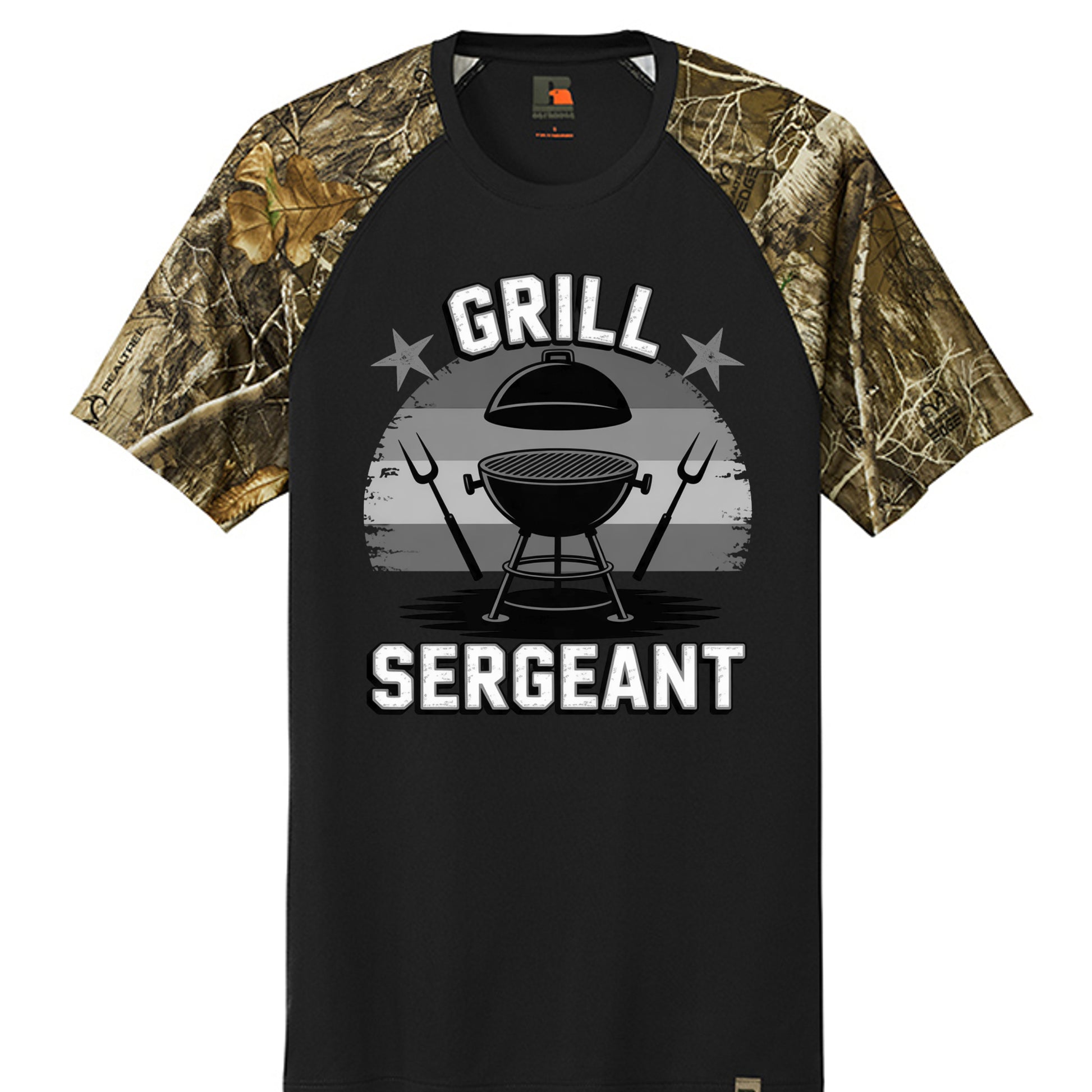 Black raglan T-shirt with camo sleeves and BBQ sergeant graphic on front