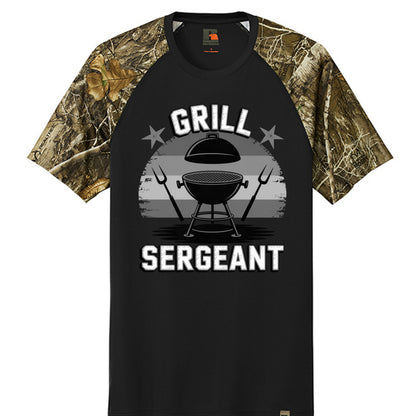 Black raglan T-shirt with camo sleeves and BBQ sergeant graphic on front
