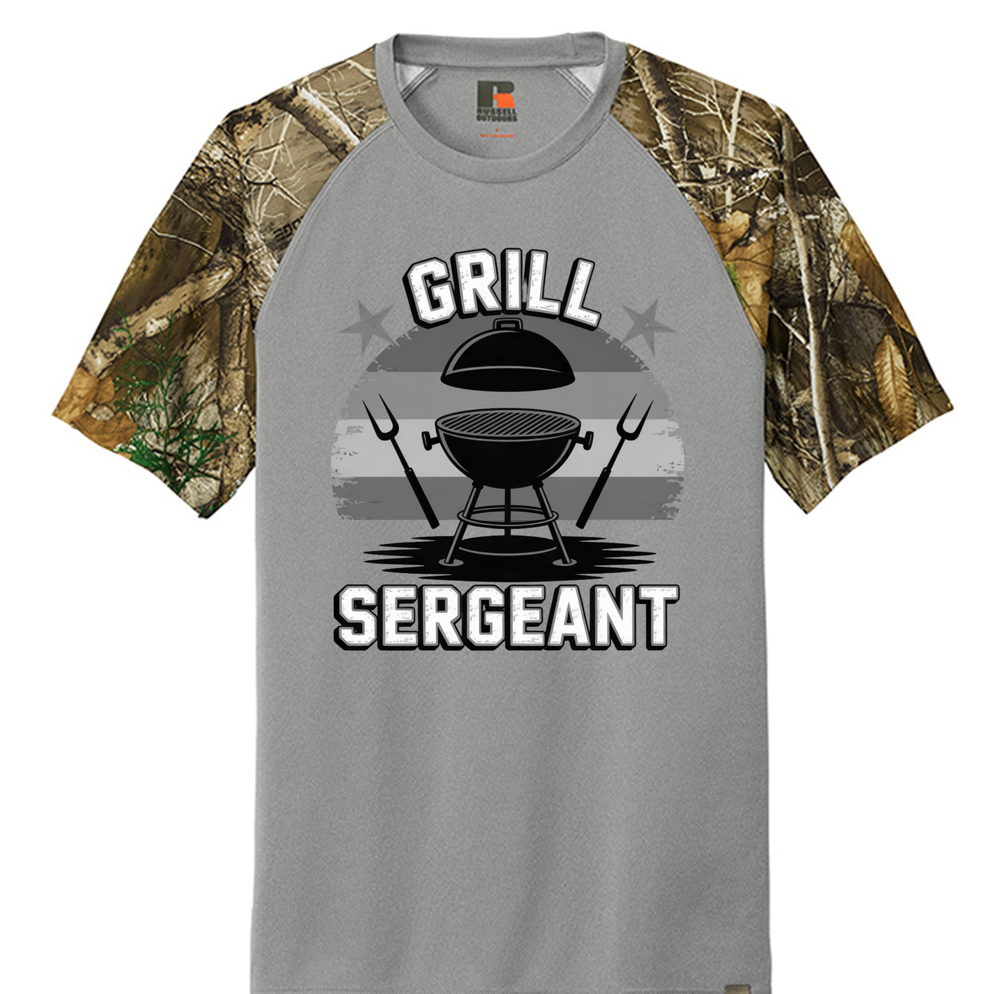 Grey raglan T-shirt with camo sleeves and BBQ sergeant graphic on front