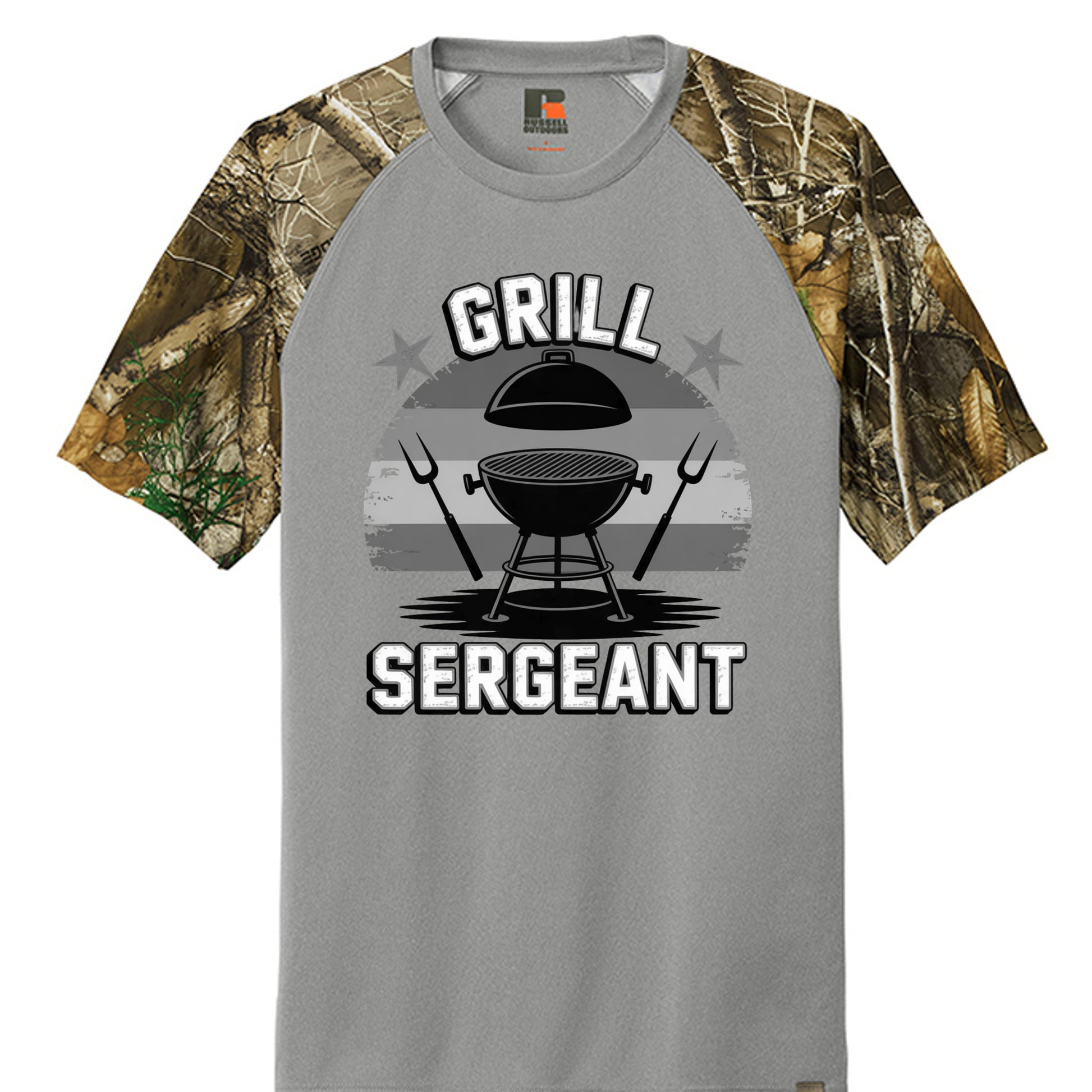 Grey raglan T-shirt with camo sleeves and BBQ sergeant graphic on front