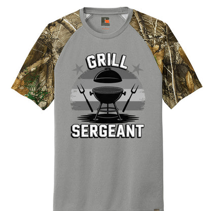 Grey raglan T-shirt with camo sleeves and BBQ sergeant graphic on front