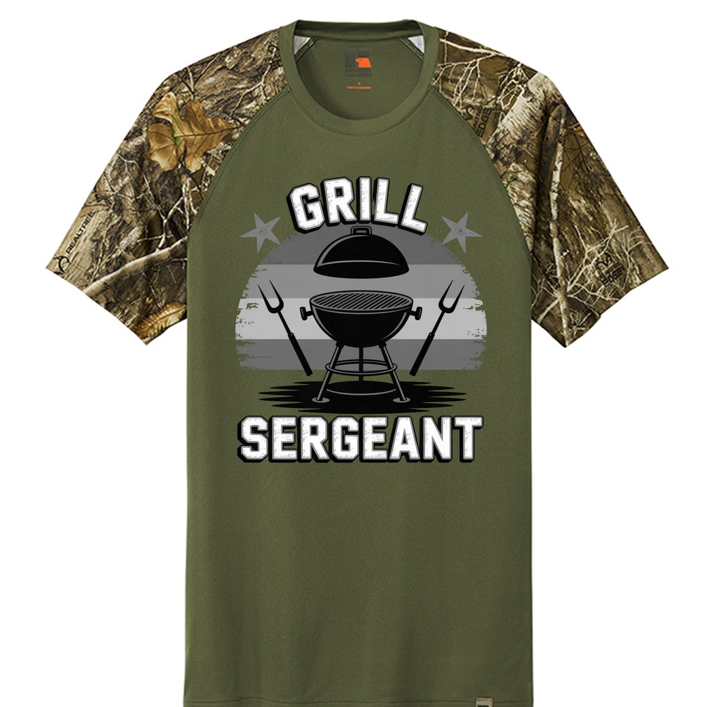 Olive raglan T-shirt with camo sleeves and BBQ sergeant graphic on front