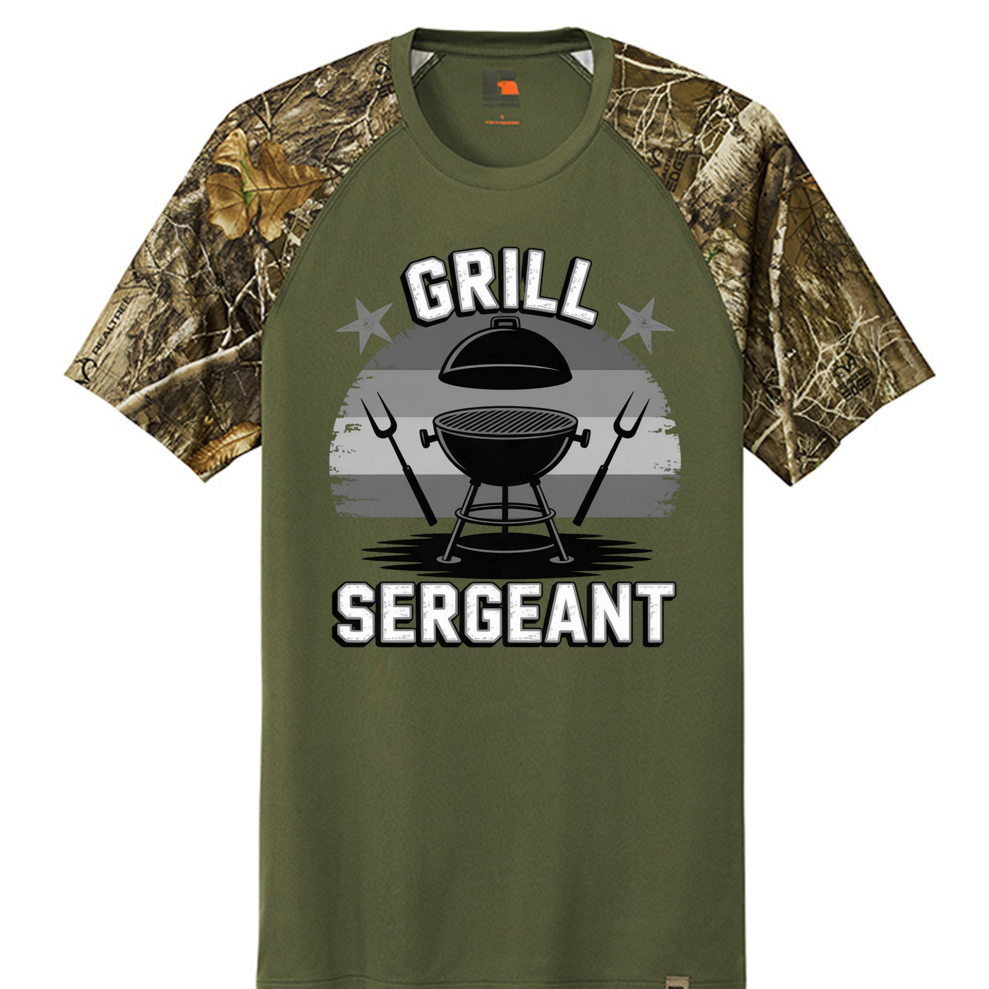Olive raglan T-shirt with camo sleeves and BBQ sergeant graphic on front